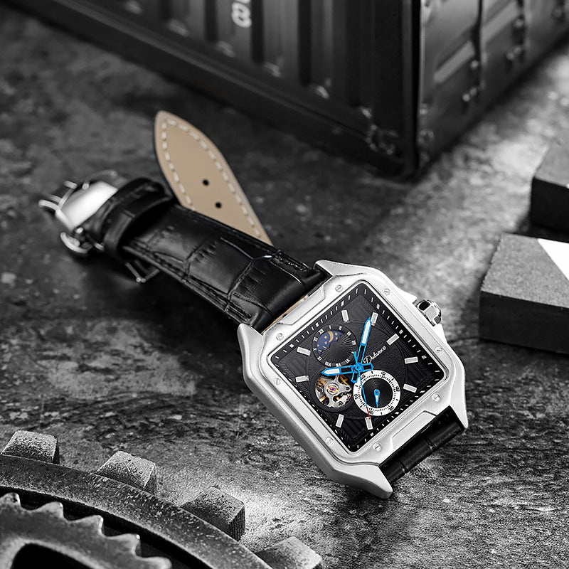 Flywheel étanche Hollow Out Trendy hommes Square Montre mécanique automatique