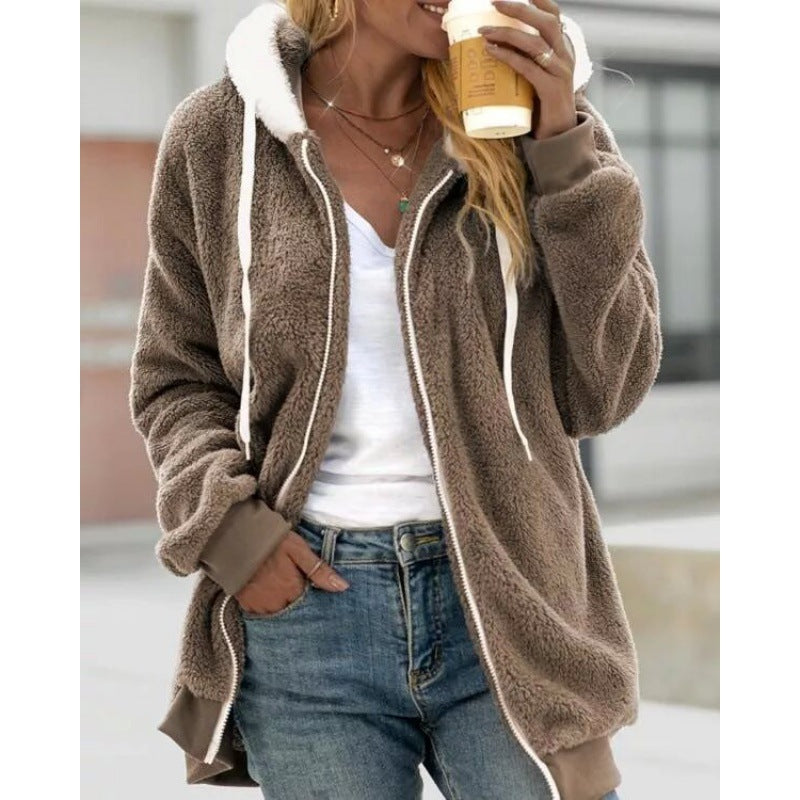 Amazon Vente Automne et Hiver Étui en peluche Zipper Veste à capuche pour femmes