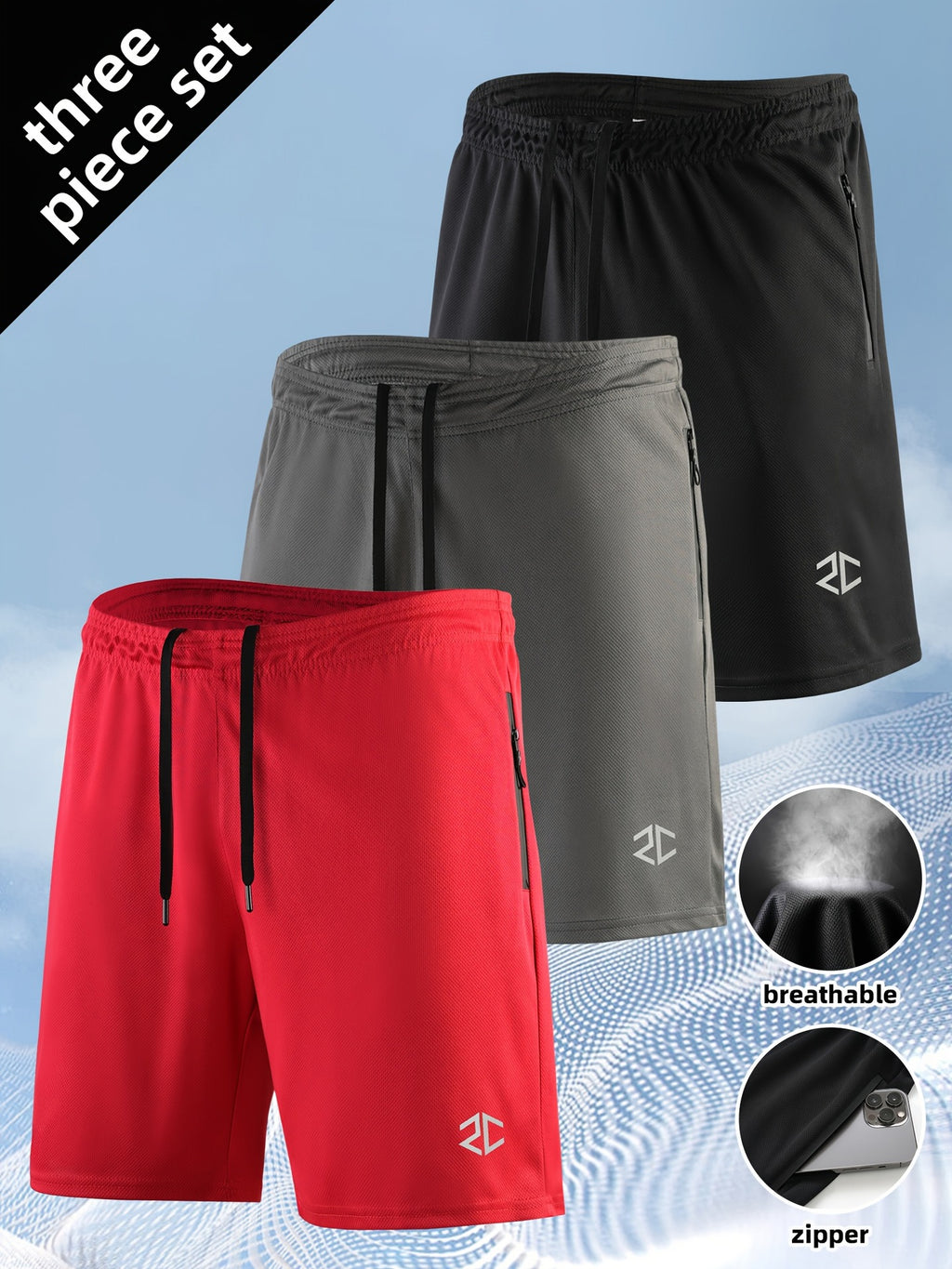 Short homme Mode Casual Séchage rapide Entraînement extérieur Poche à fermeture éclair à cinq points