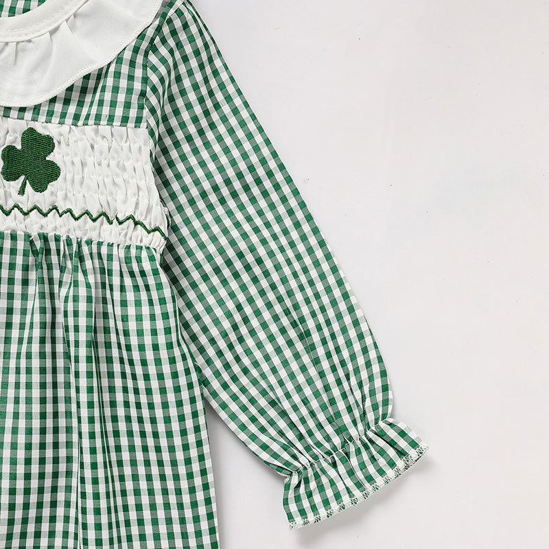 Ewborn Baby Girls Green Plaid Four-leaf Clover Allover Imprimer Bodysui à manches longues en une seule pièce