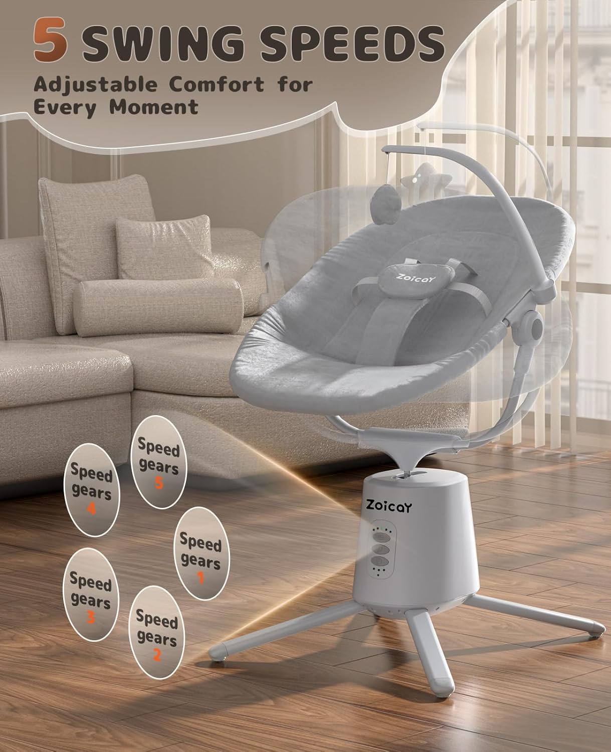Baby Swing, Baby Swings pour bébés avec 3 modes et 5 vitesses BT Activé App & Télécommande