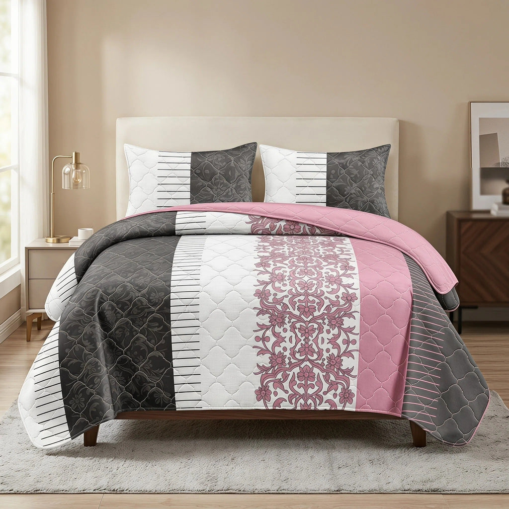 3-Piece noir blanc et rose Floral couvre-lit matelassé pour le roi de Californie