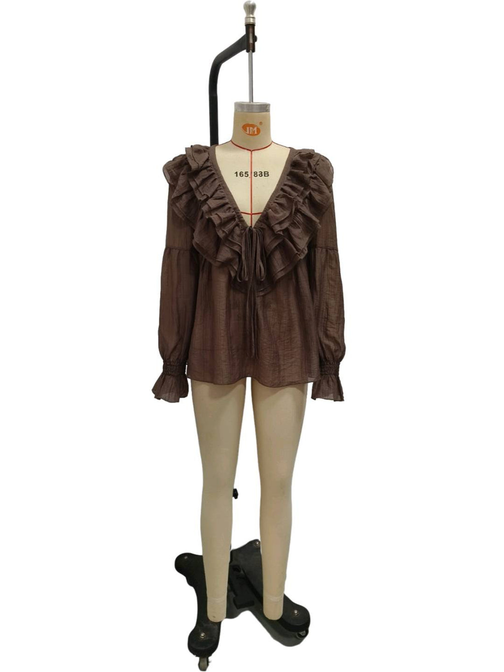 Blouse en dentelle à manches longues à col V gris-Brown pour femmes