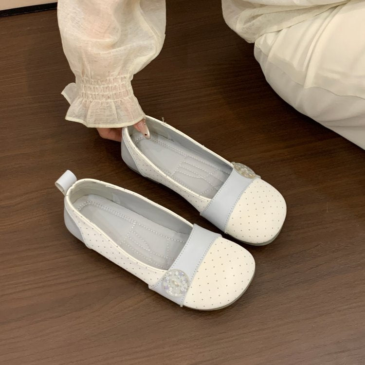 Femmes Tour d'orteil Polka Dot Mary Jane Flats Bloc de couleur Perle éplissée Buckle Soft Sole Slip