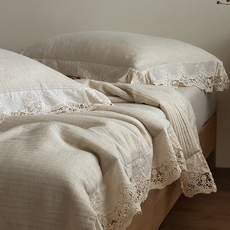 English Herringbone Jacquard Cotton Linen Double Bed Washable Summer Cooling Quilt with Lace