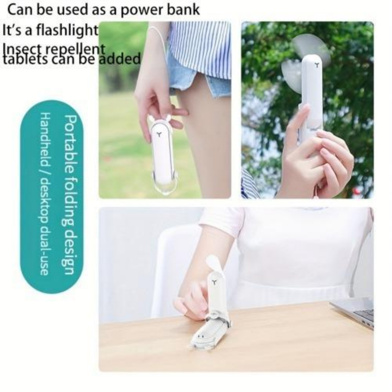 Ventilateur portatif pliable 3-en-1 avec mini lampe de poche rechargeable USB