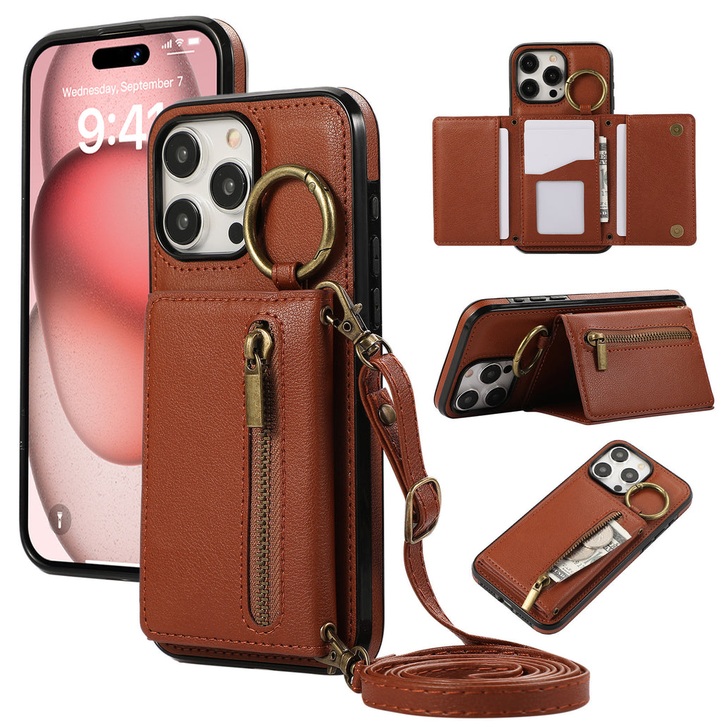Convient pour IPhone16 Crossbody Mobile Phone Porte-cartes zippées à triple pli