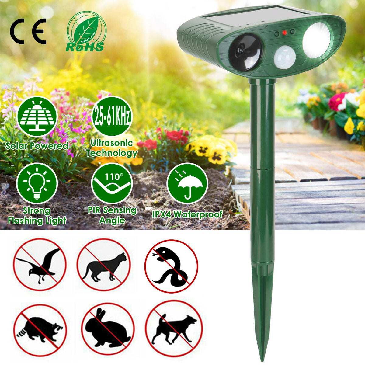 1Pc Solar Ultrasonic Animal Repeller Capteur PIR Chasseur repoussant les animaux avec un ligh clignotant