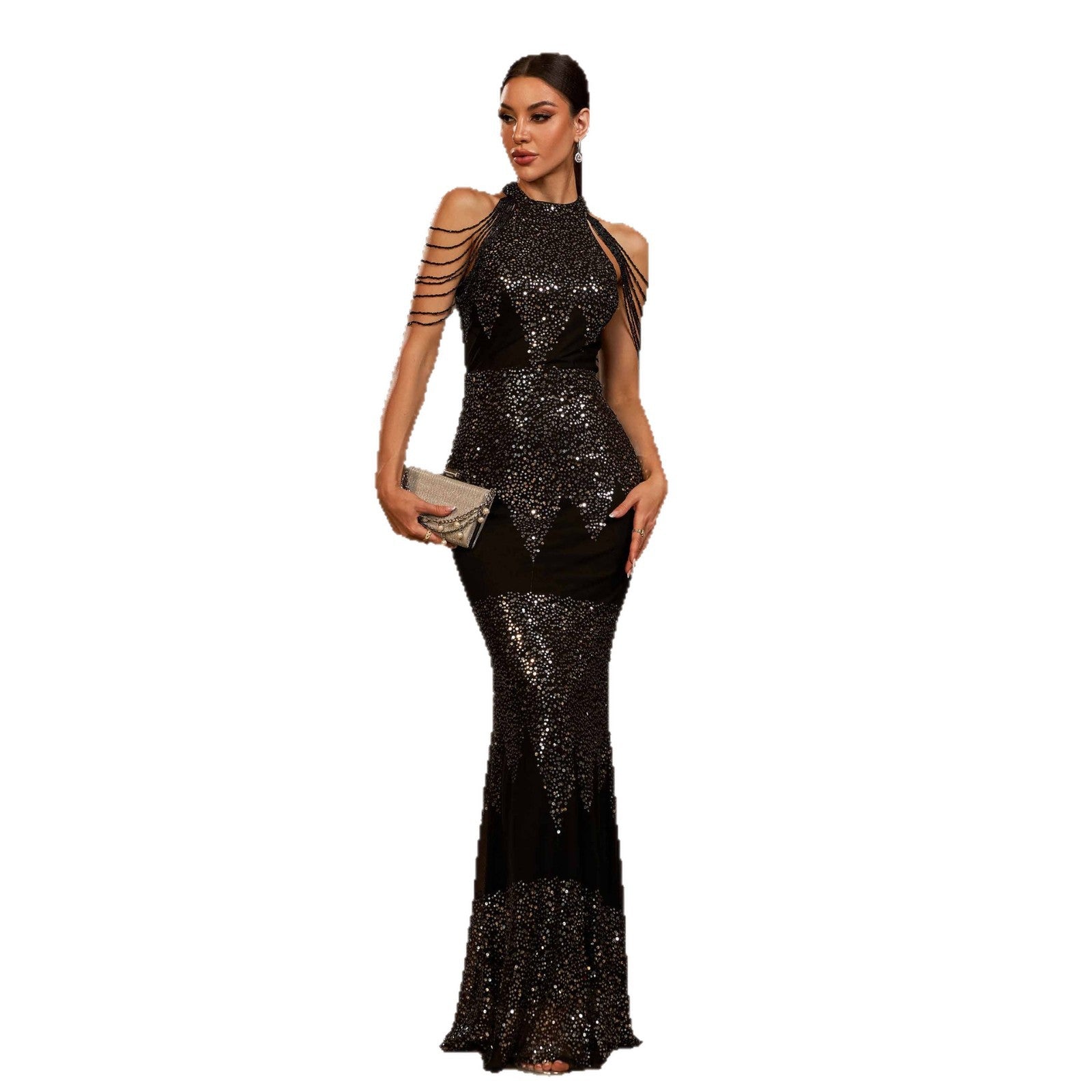 Halter Perles de paillettes Robe de soirée mince