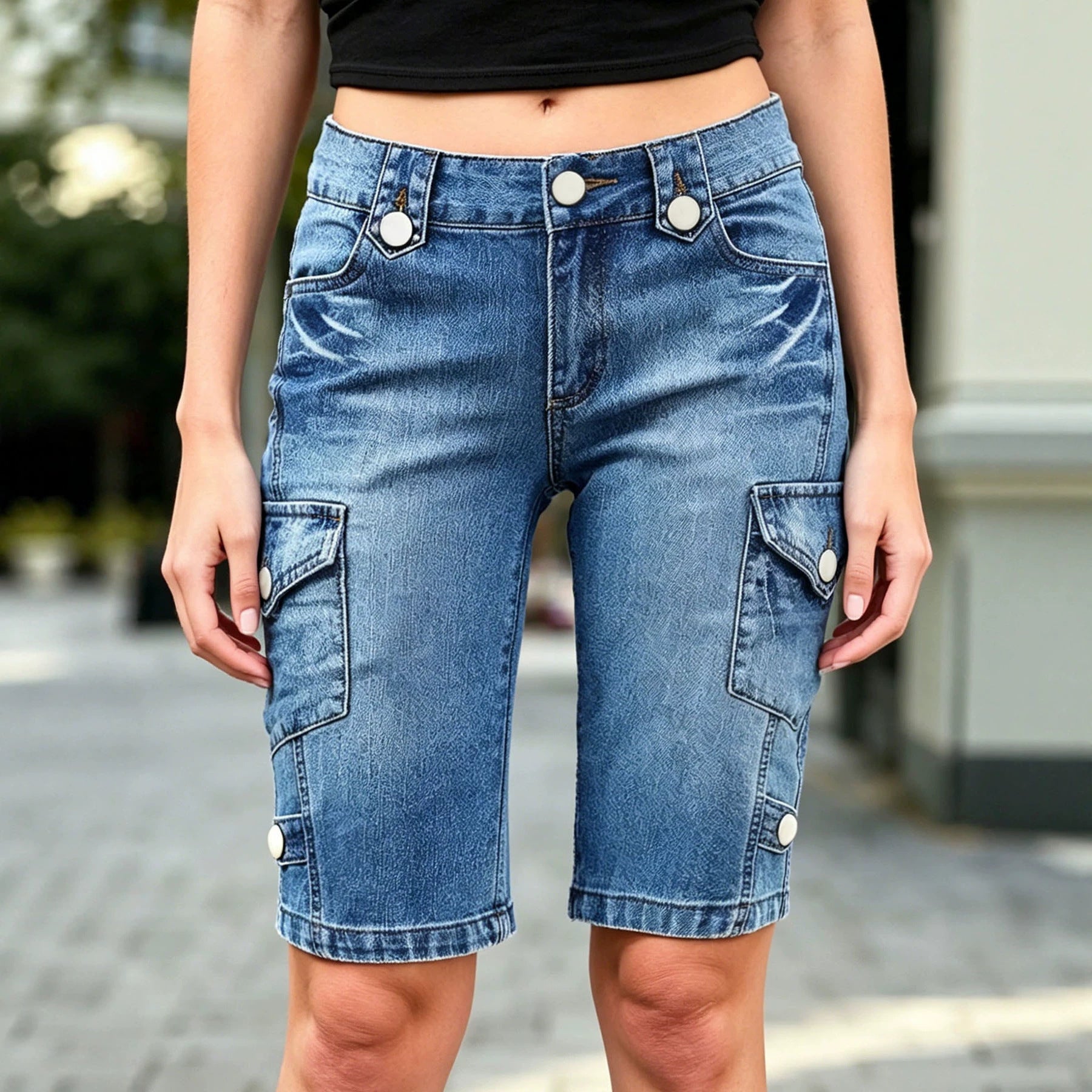 Femmes Retro Double Bouton Waist Vêtements de travail Shorts de cinq quarts