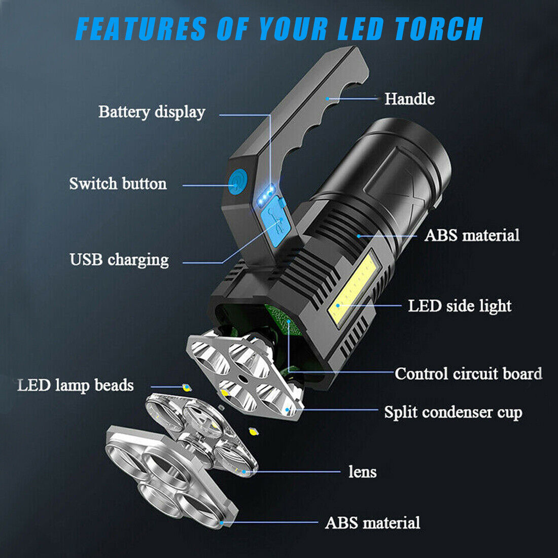 USB Rechargeable LED Flashlight COB Spotlight Torch Camping High Beam Emergency Light The
