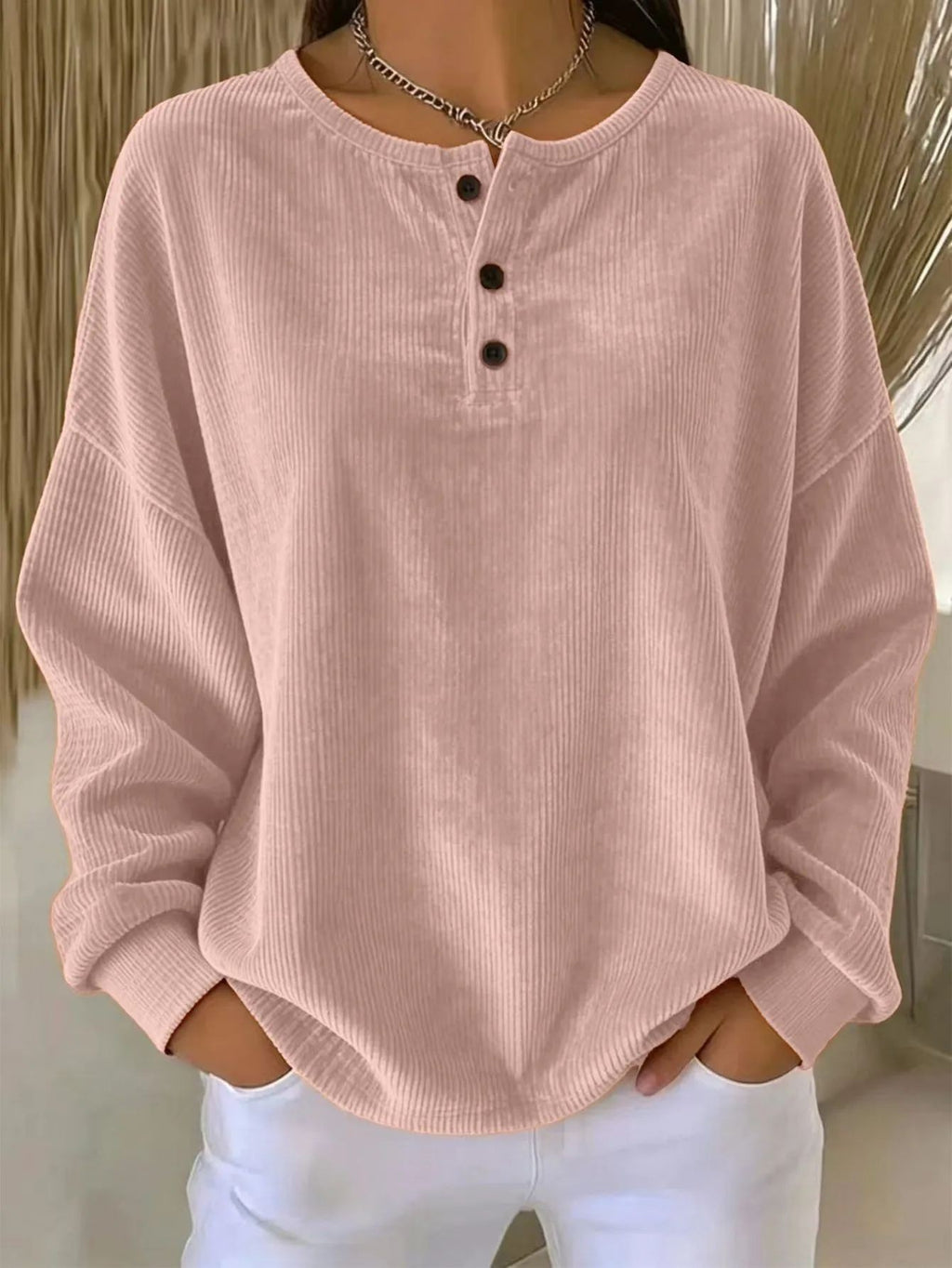 Gaufrettes pour femmes Knit Henley Long Sleeve Top Loose Drop Epaule Bouton d'équipage Col Casual Pul