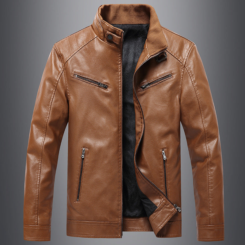 Men's Fleece rembourré Coat Casual style coréen Stand Collar PU veste en cuir tendance jeunesse