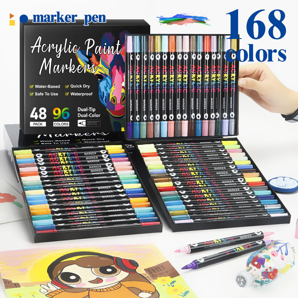 Marqueur acrylique double pointe 168 Couleurs Lavable à l'eau