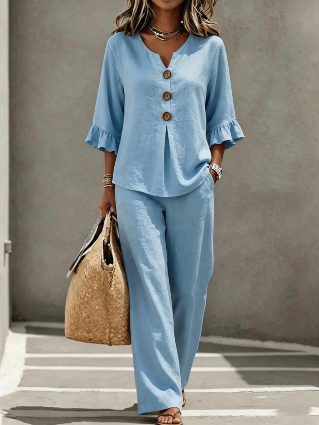 Arrivée des femmes Bouton occasionnel-Down V-Neck Rufflé trois quarts de manche supérieur et pantalons deux-P