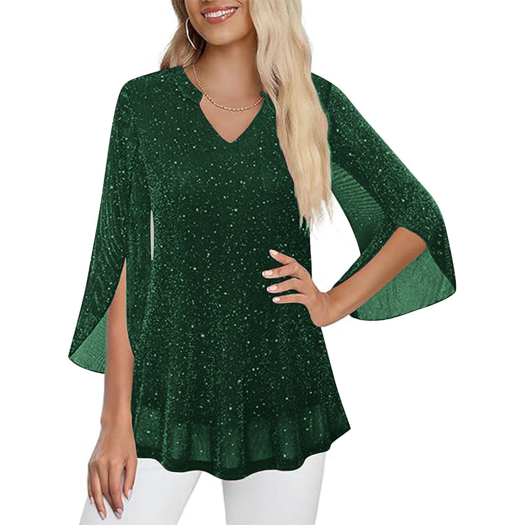 Croped Bell-Sleeve V-Neck Déplacement Top avec Double-Layer Silver-Thread Mesh