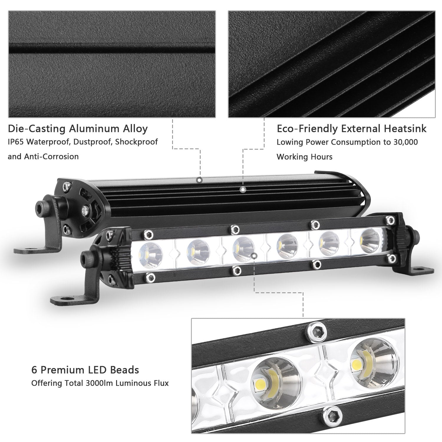 7in LED Light Bar Single Row Spot Lights 18W Ultra mince lumière de travail droite pour Tr