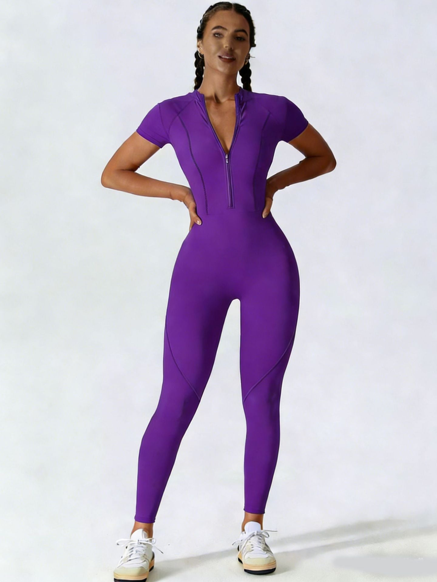Maillot de saut en yoga à manches courtes Zipper pour femmes