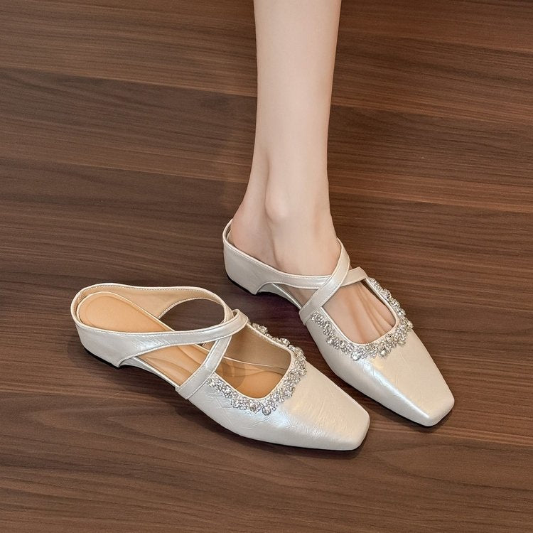 Femmes Square Toe Hollow Strass Platform Mule Sandales