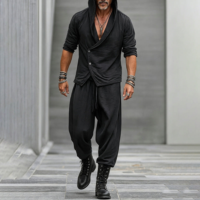 Ensemble de pantalons à manches longues à bouton à capuchon pour hommes occasionnels