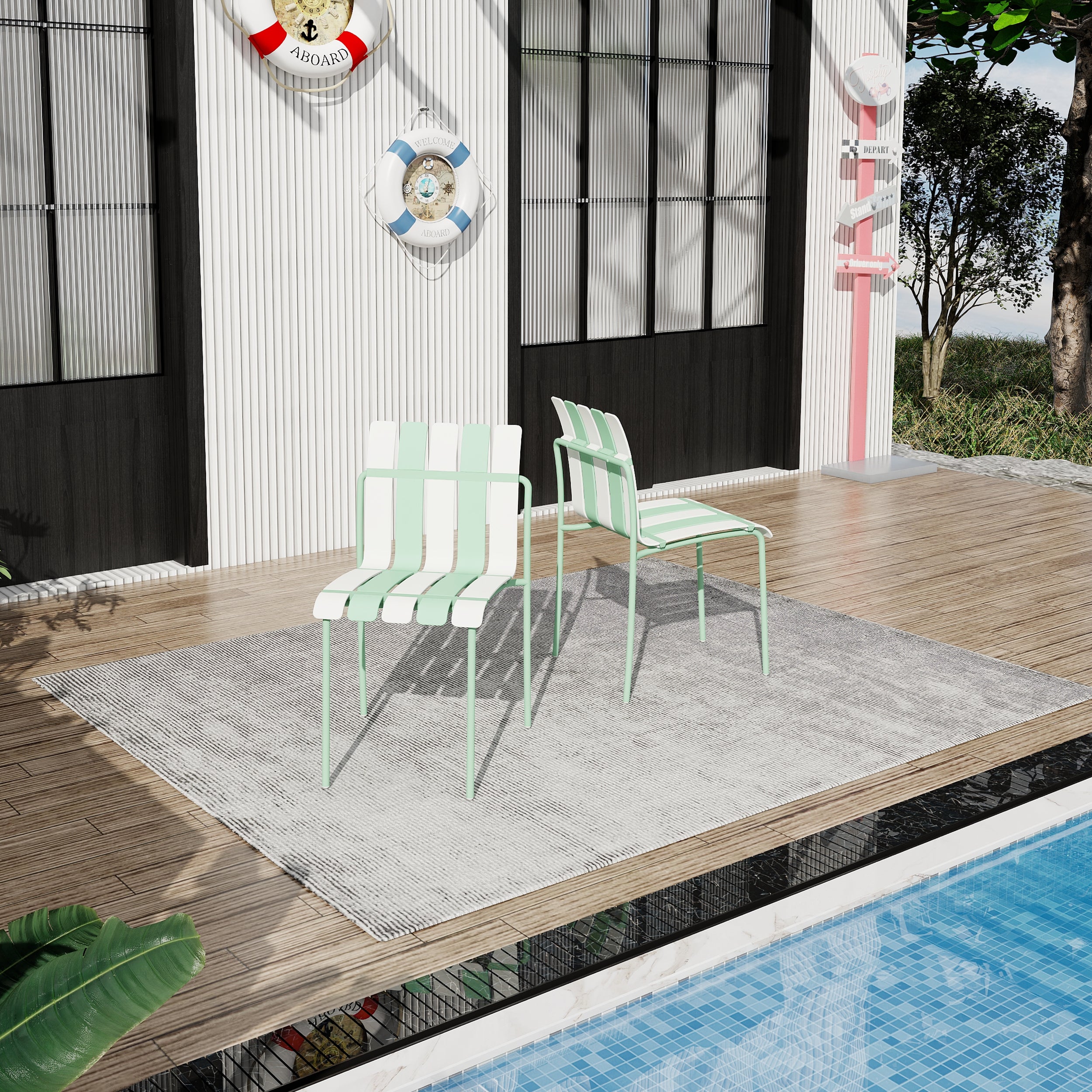 Summer- 4-Pack Chaises de bloc de couleur rayé moderne - Siège PP étanche et jambes en métal robuste