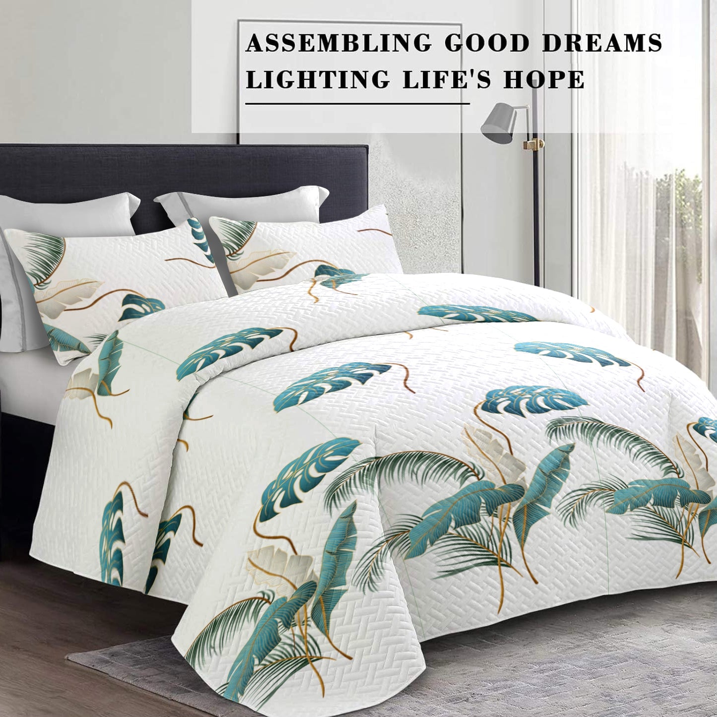 Ensemble de matelas à feuilles de palmier tropical de 9 pièces avec 6 rideaux indépendants