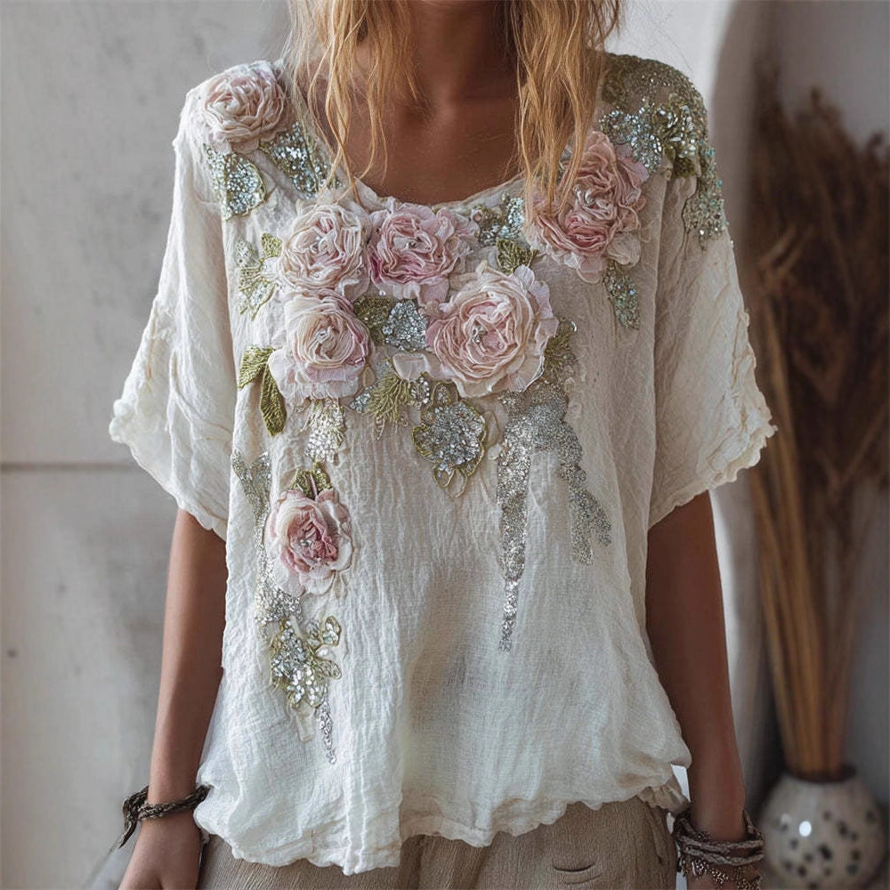 Top femme à manches courtes avec faux design Jacquard