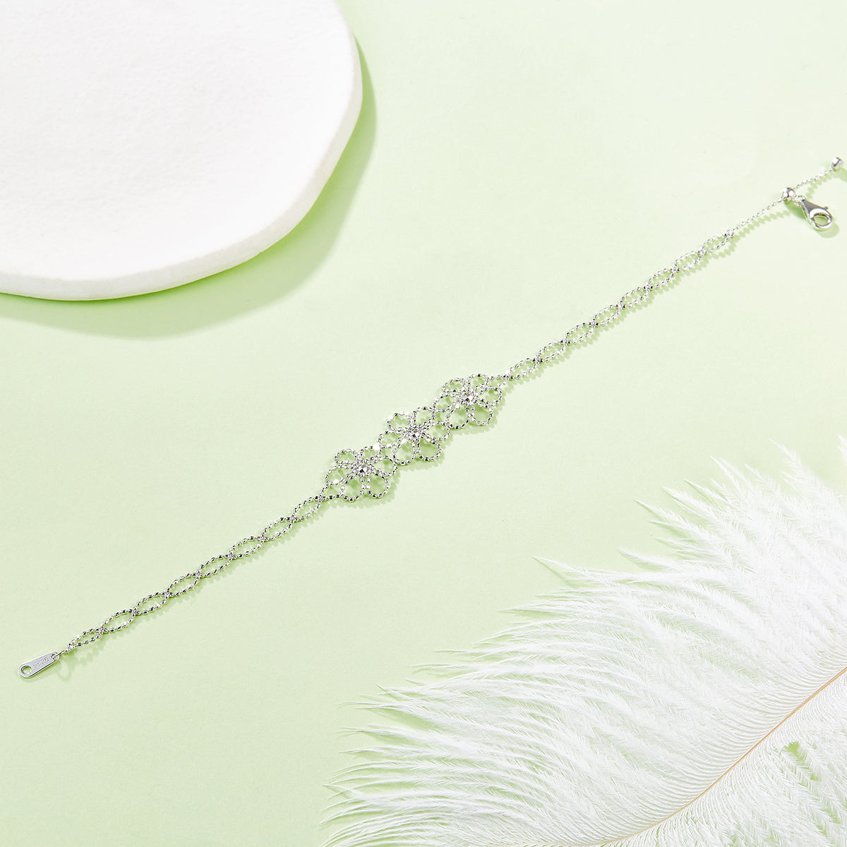 S925 Bracelet de fleurs en argent sterling 20cm réglable 1,8g léger 14mm large 3 C