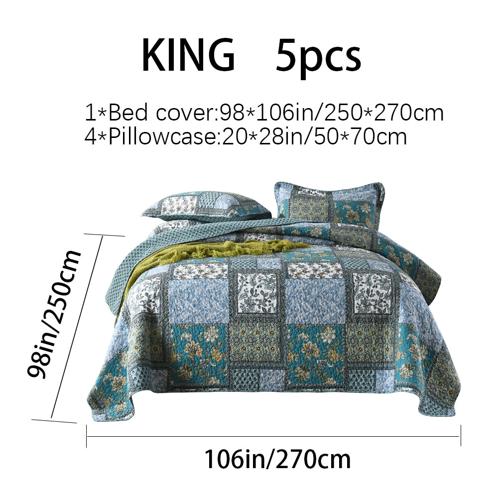 Cotton Reversible Quilt Bedspread Set Vintage Patchwork Floral Print Textured Stripe Rever