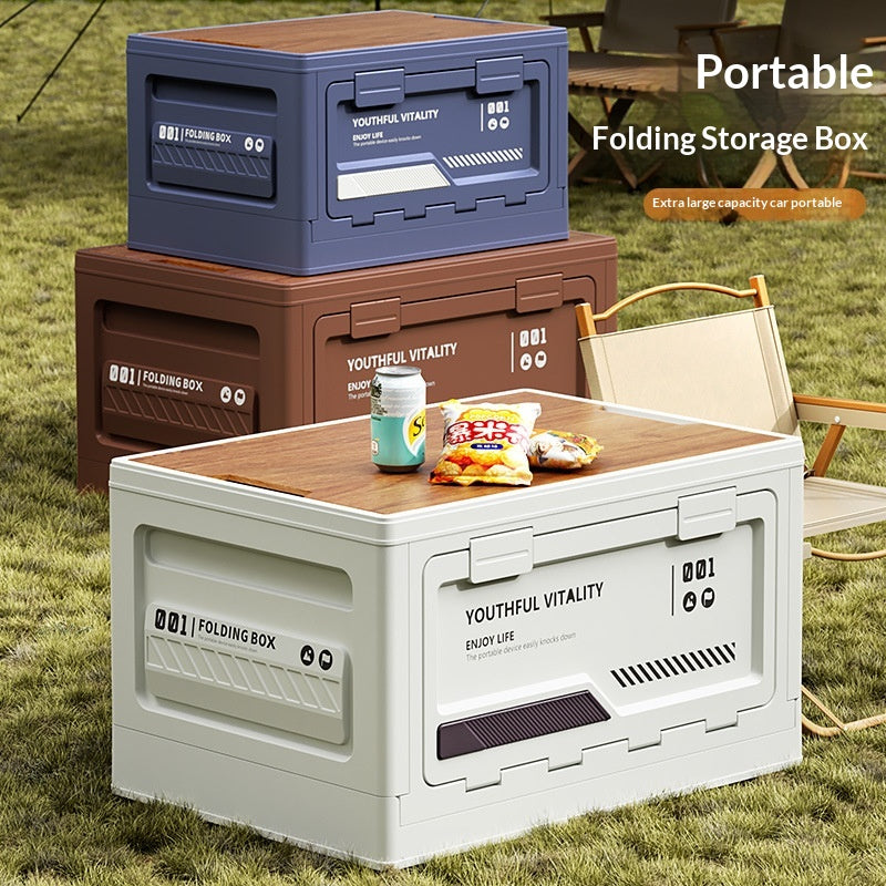 Boîte de rangement en camping extérieur avec porte d'ouverture latérale et couvercle en bois