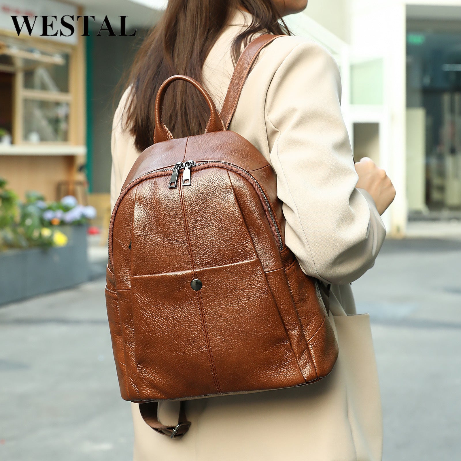 Sac à dos casual en cuir véritable pour dames
