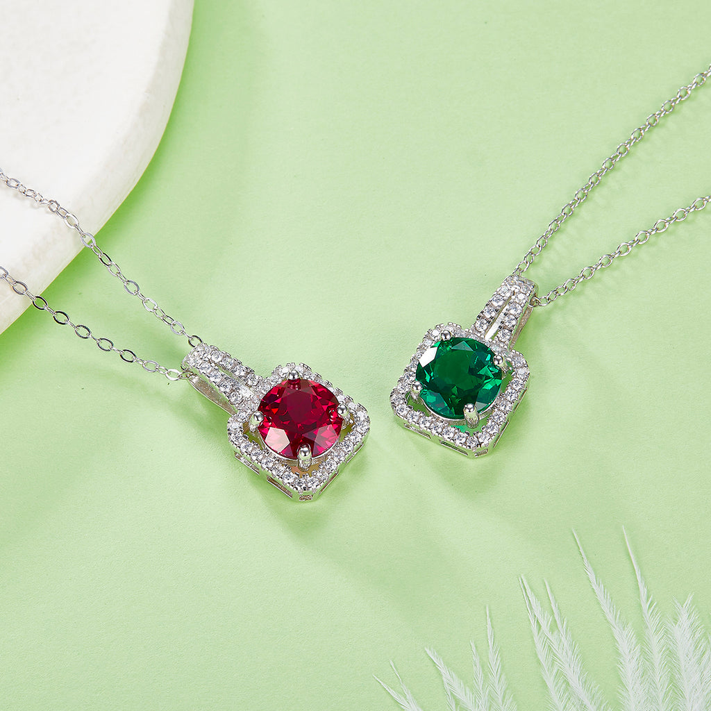 S925 Collier pendentif en argent Sterling 2ct Lab-Grown Ruby Emeraude