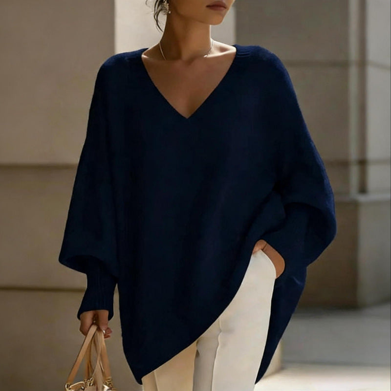 Femmes Solide-colore à la mode pull-fitting avec manches de puff et un col en V