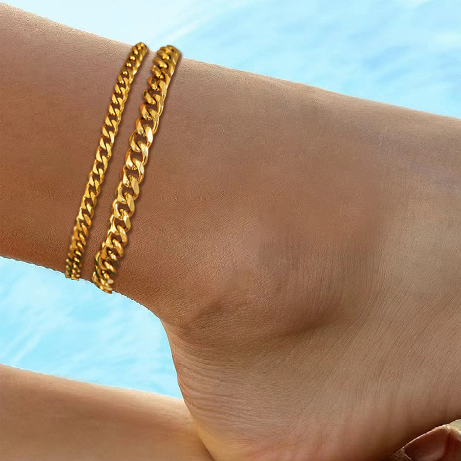 2Pcs Femmes Double couche Cuban chaîne Anklet or argent ton en acier inoxydable réglable Cur