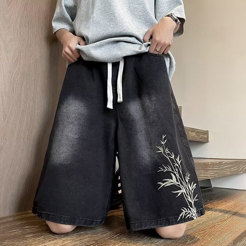 Short en denim brodé homme Large-leg Longueur de cinq points