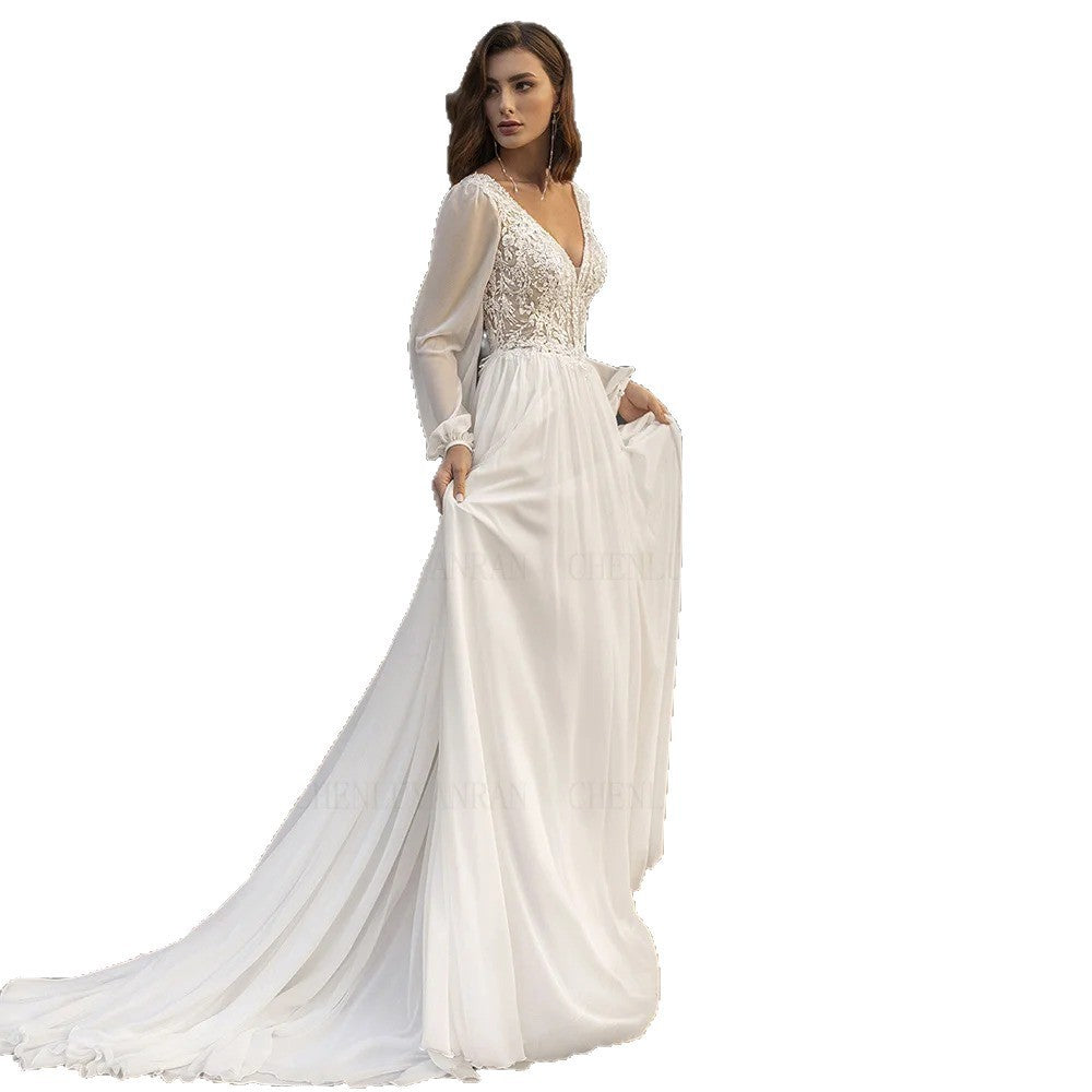 Robe de mariée de style français en V manches longues en dentelle