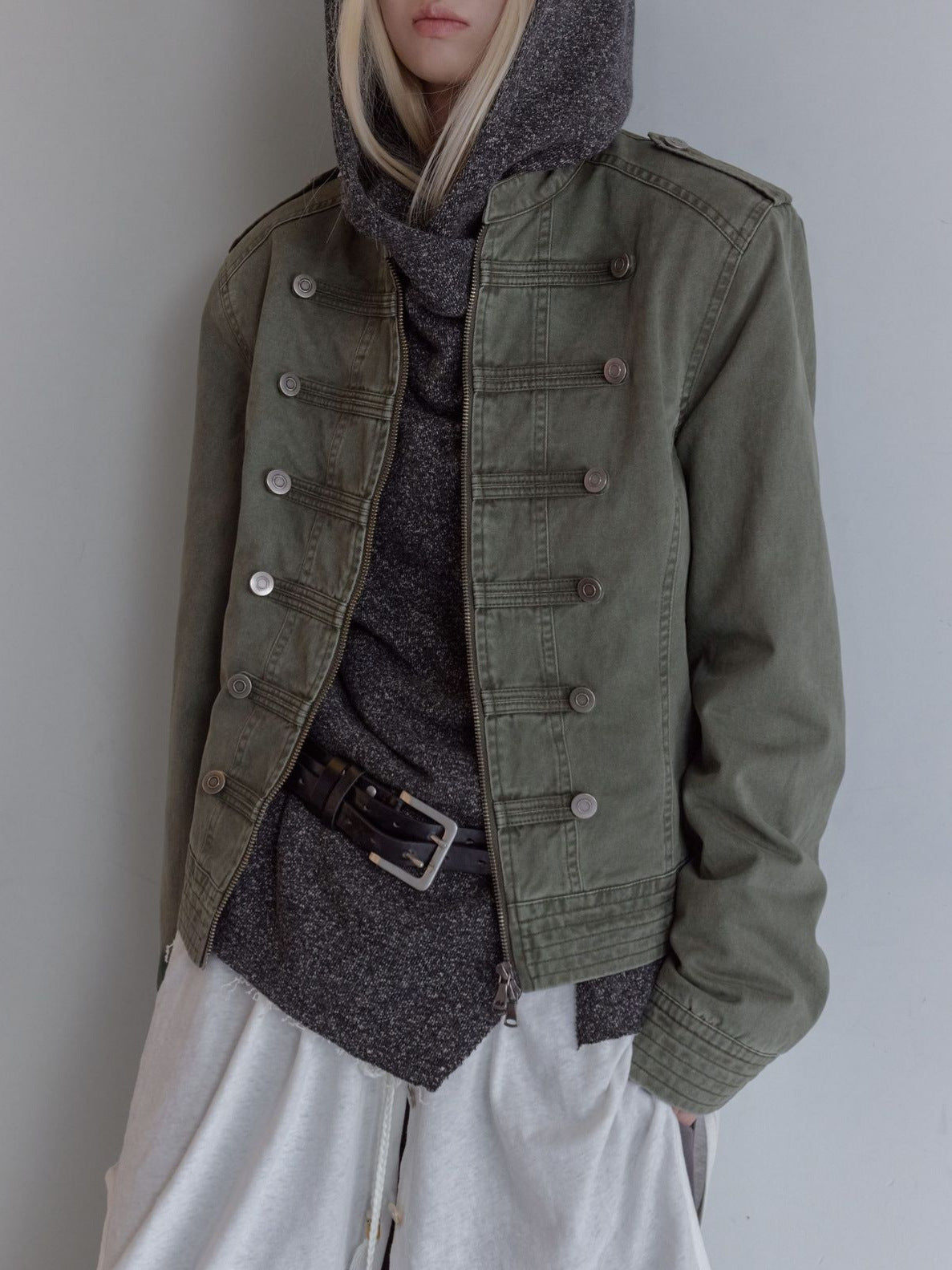 Style militaire Stand Collar Croped Denim Veste