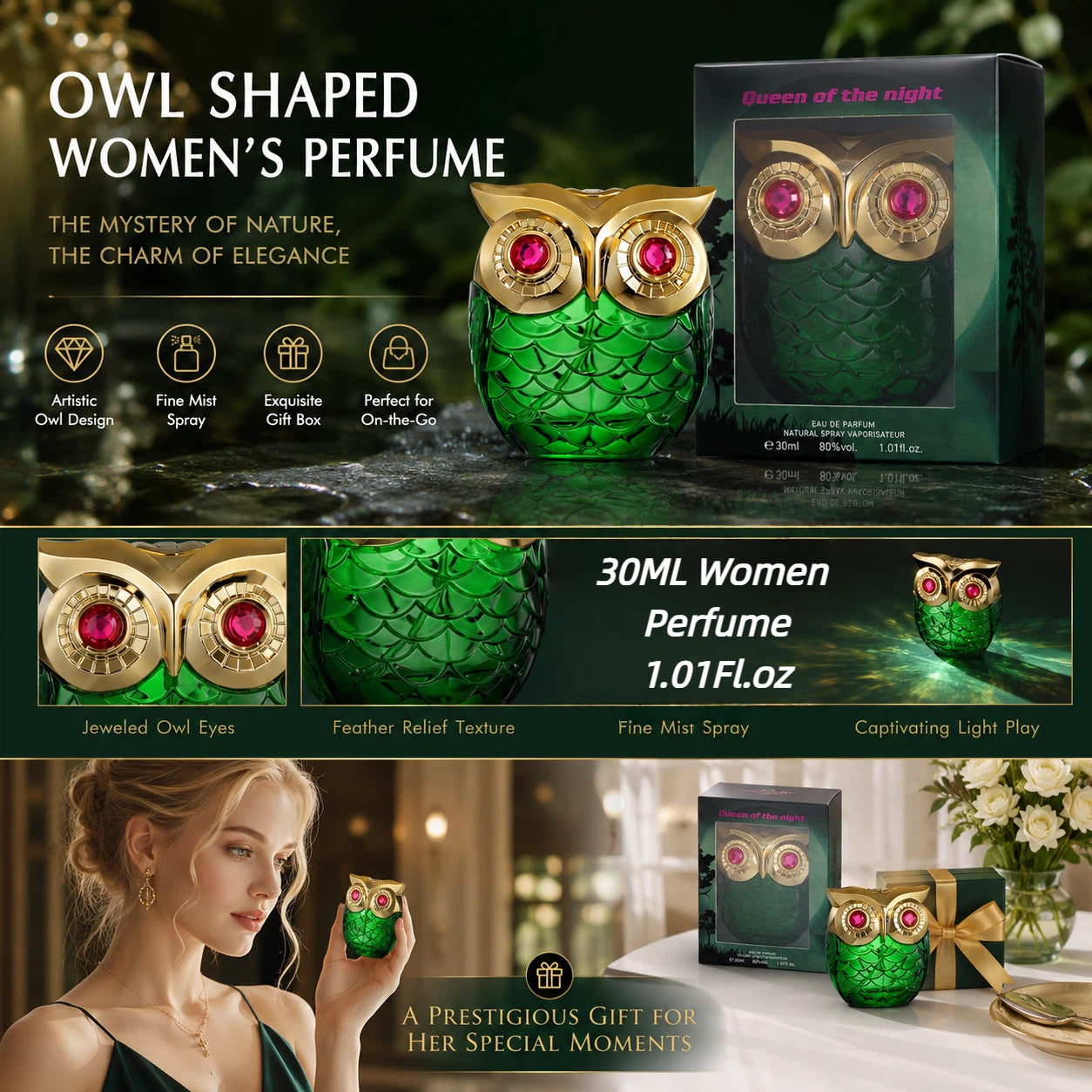Perfume haut de gamme à parfum vert dans un design d'hiboux