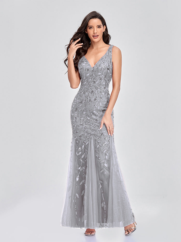 Robe de soirée européenne et américaine Col V Tulle Brodé Paillettes Sexy Sirène Prom Dre