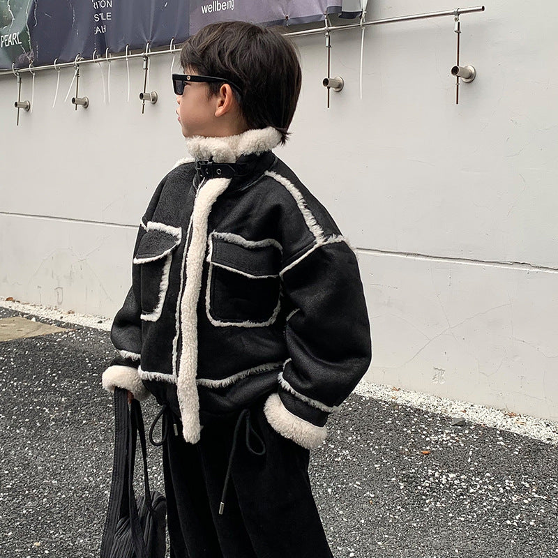 Veste en cuir de garçon Manteau rembourré polaire Automne et vêtements d'hiver