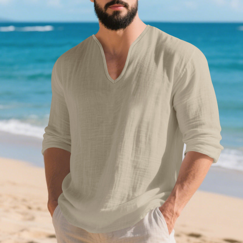 Chemise en V à manches longues en lin casual pour hommes