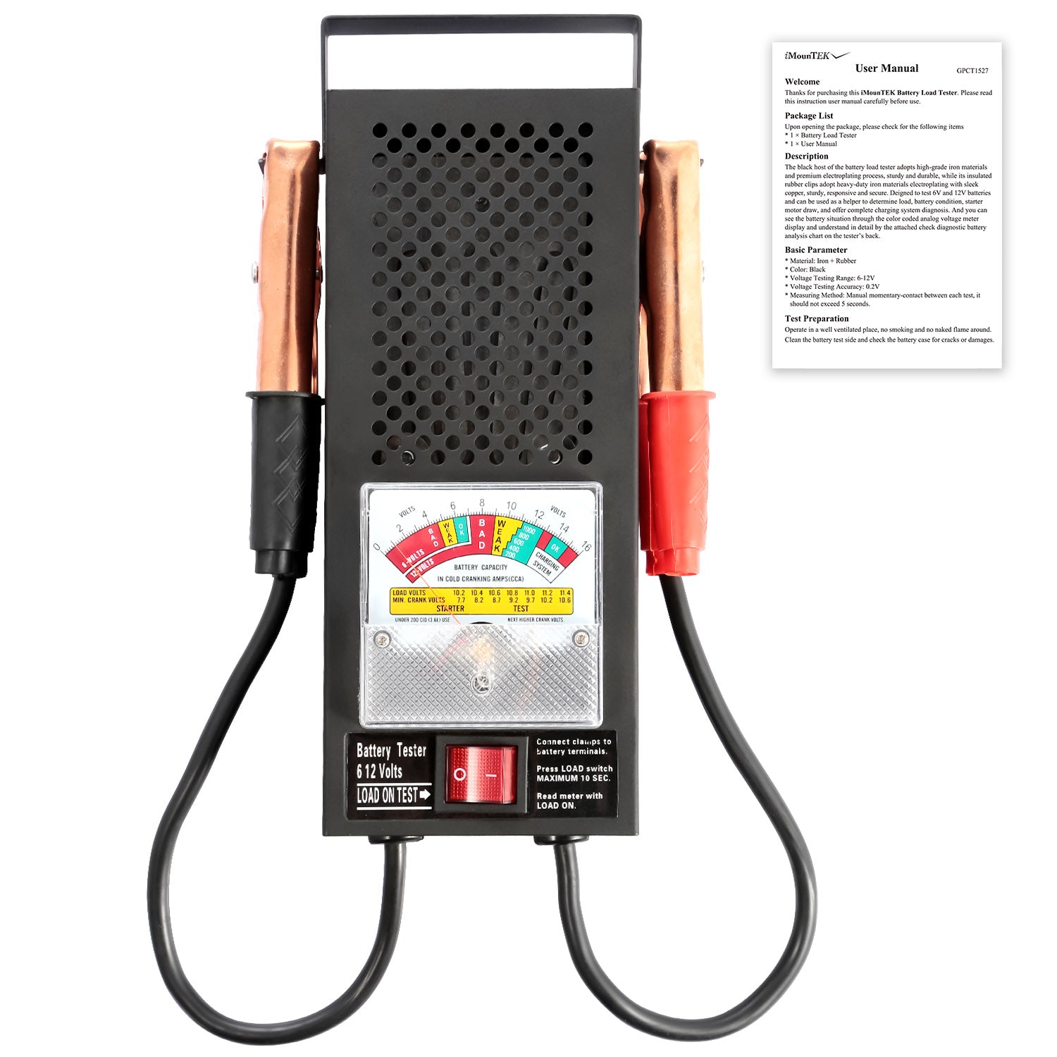 1Pc Testeur de charge de batterie 6 à 12V Testeur de batterie avec des clips en cuivre isolés lourds