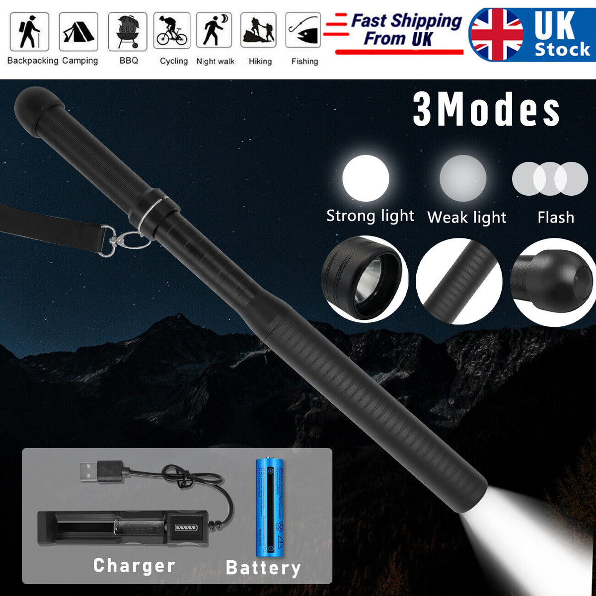 17.3in Bright 3 Modes LED Torch Flashlight Emergency Security Lamp