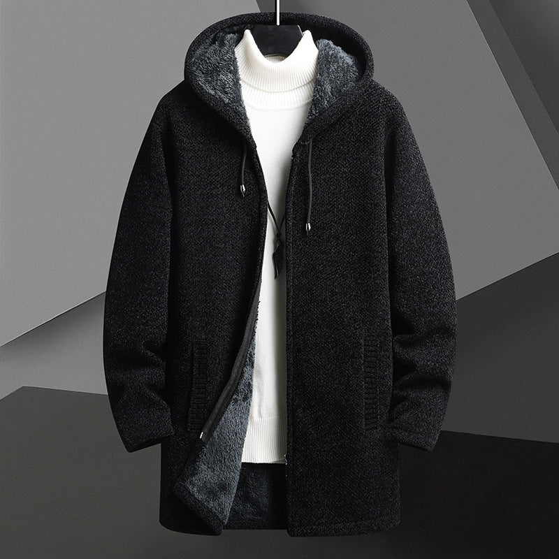 Automne d'hiver Hommes doublés de polaire mi-longueur Zipper Chandail à capuche Cardigan