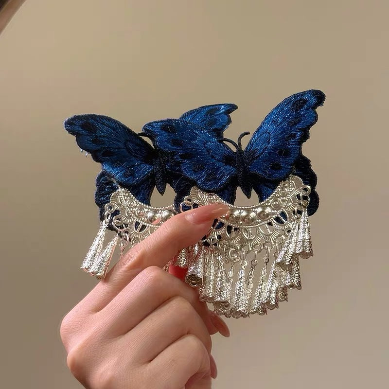 Vintage bleu papillon-brodé argent-bell coupe cheveux