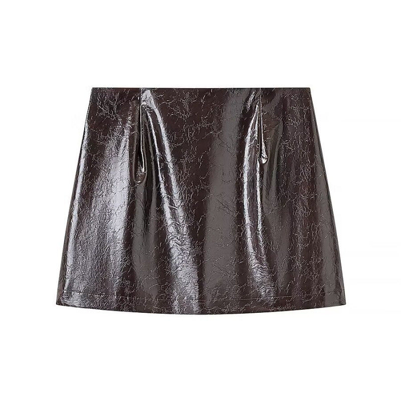 Brevet craqué Faux Cuir Double Breasted Short Blazer & High Waist Mini A-Line Jupe Tw