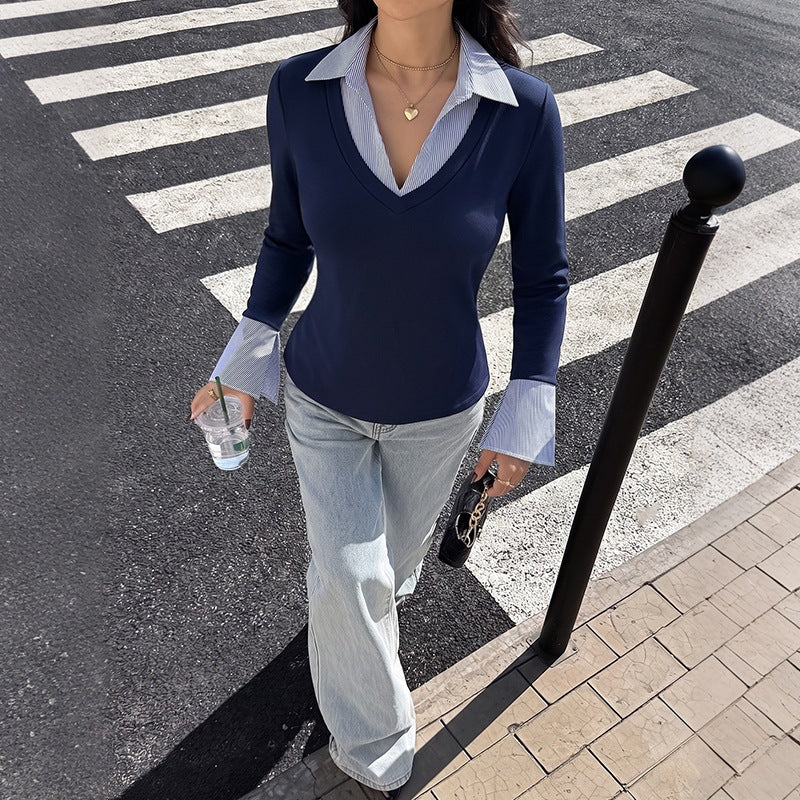 Color-block V-col supérieur ajusté pour les femmes