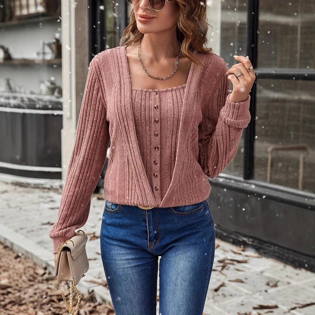 Printemps Automne Arrivée Casual Fashionable Relaxed-Fit Solid Couleur Bouton carré cou tricot T