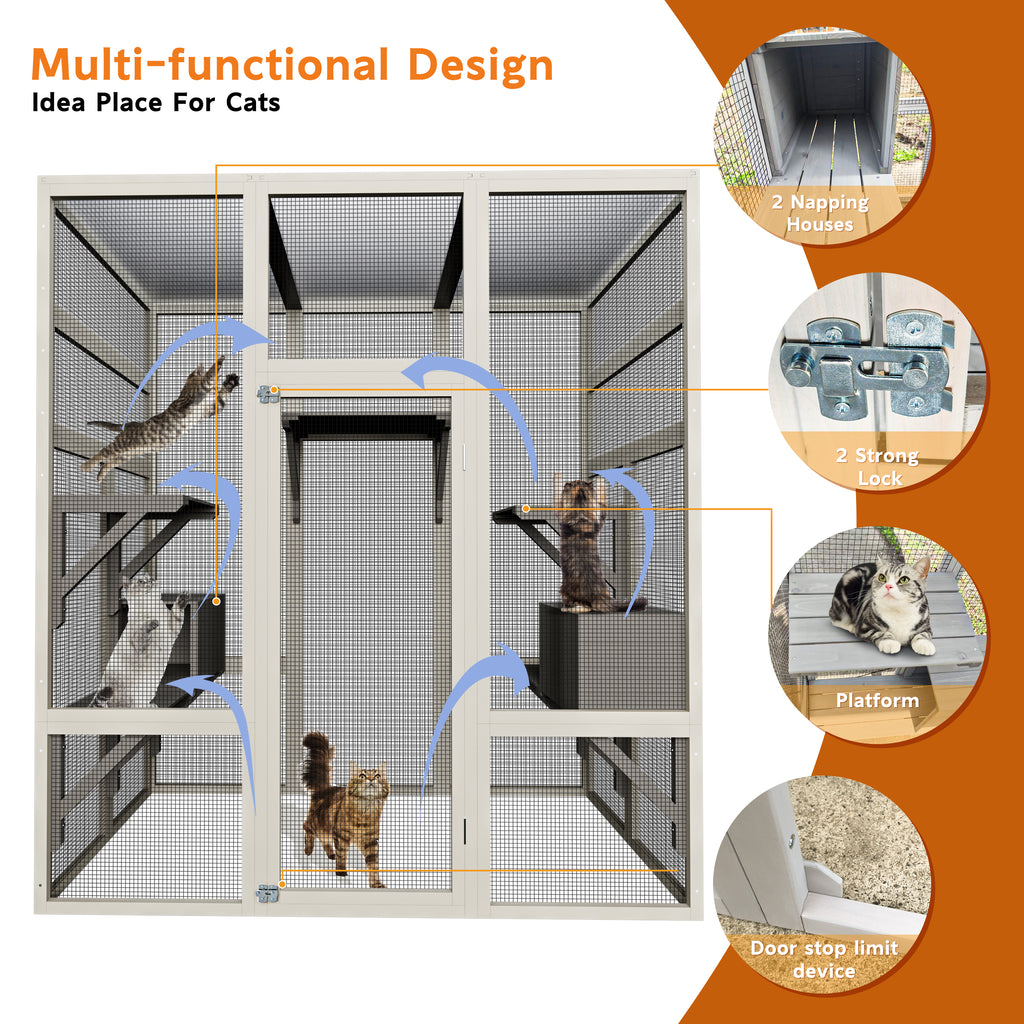 62,6" Maison de chat en bois d'extérieur gris Grand Catio