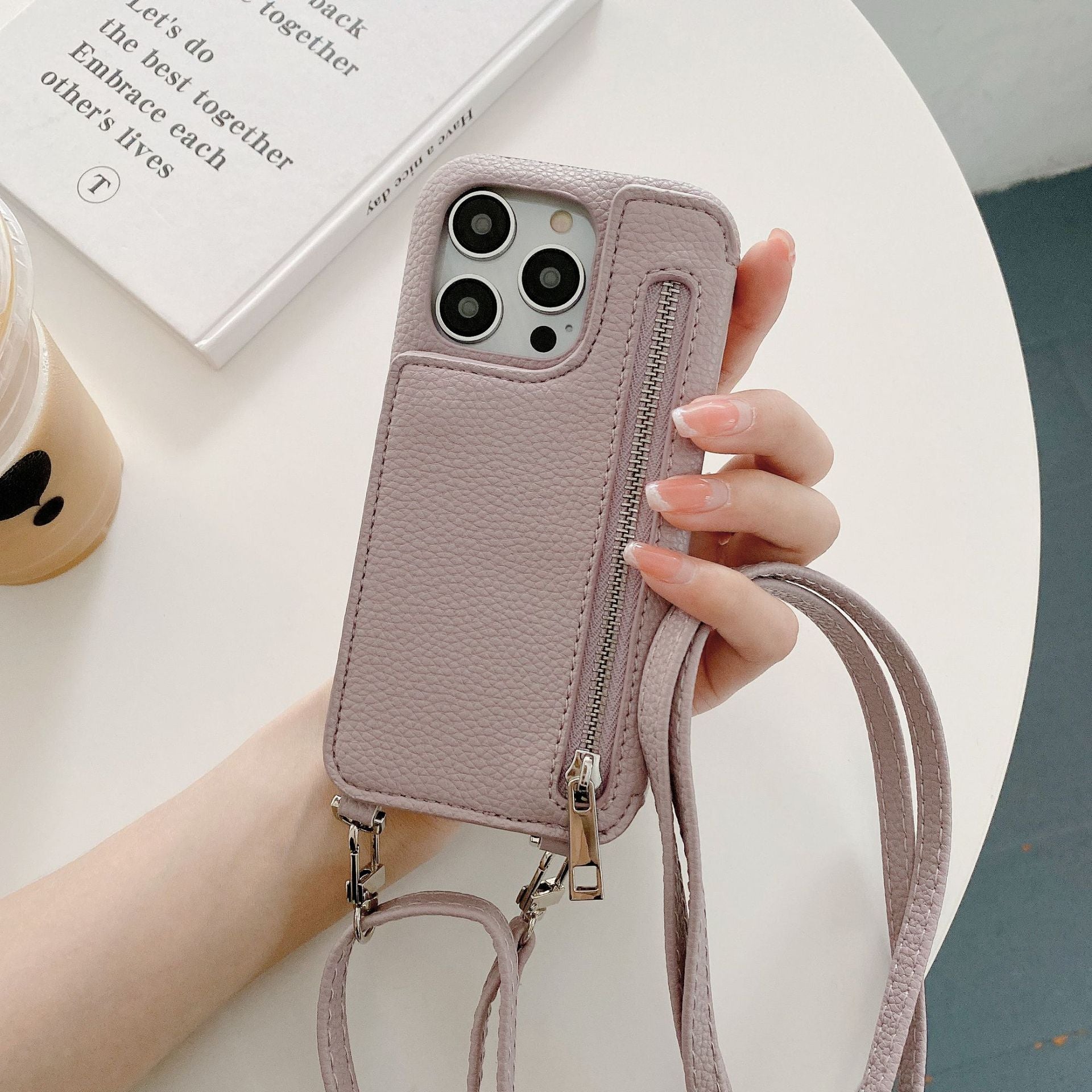 Cas téléphonique Lychee Pattern Insertion de carte Miroir de beauté Crossbody